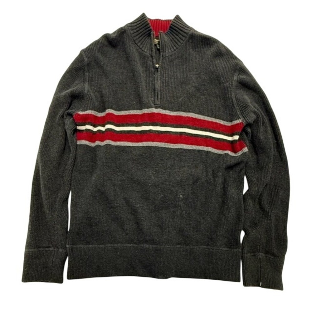 Eddie Bauer‎ Men's 1/4 Zip Pullover Sweater Dark Gray Red Stripe Cotton Size M